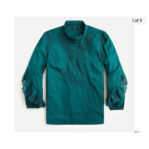 J. Crew Women's Dark Spruce Ruffle Sleeve Embroidered Eyelet Blouse Size S - Picture 1 of 5